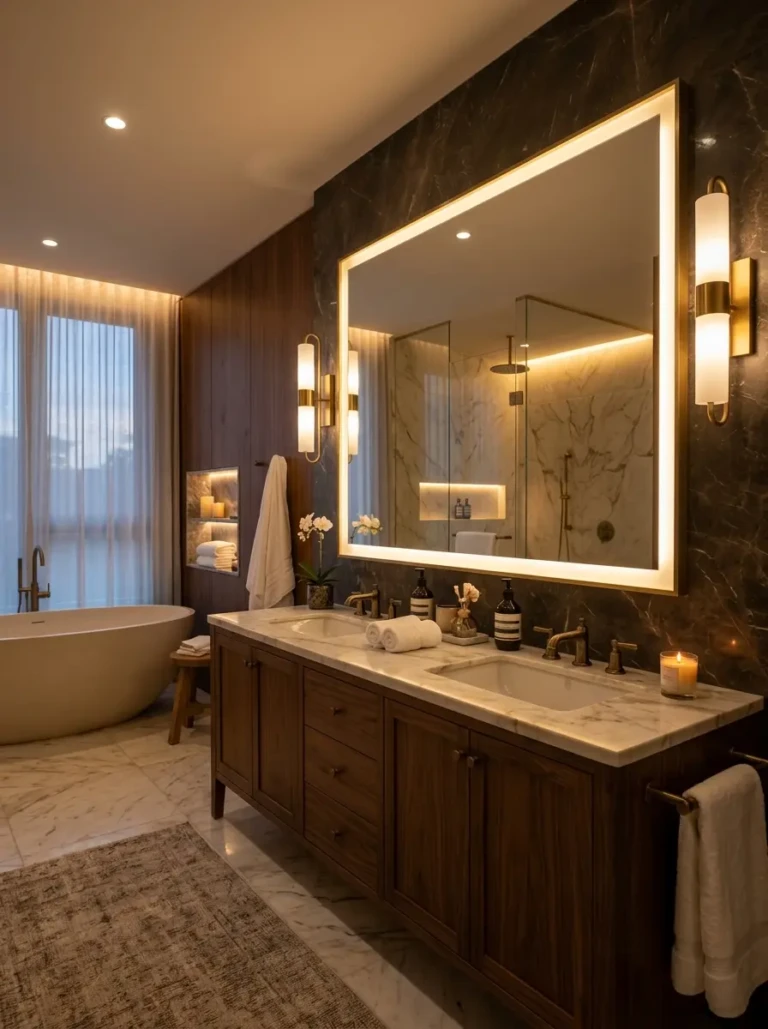 Luxury bathroom with layered lighting, glowing mirrors, warm accents, and elegant spa-inspired design