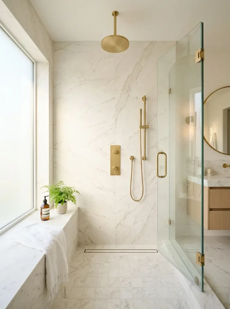 Elegant shower with creamy white marble-look tiles, gold fixtures, and a bright spa-inspired bathroom design.