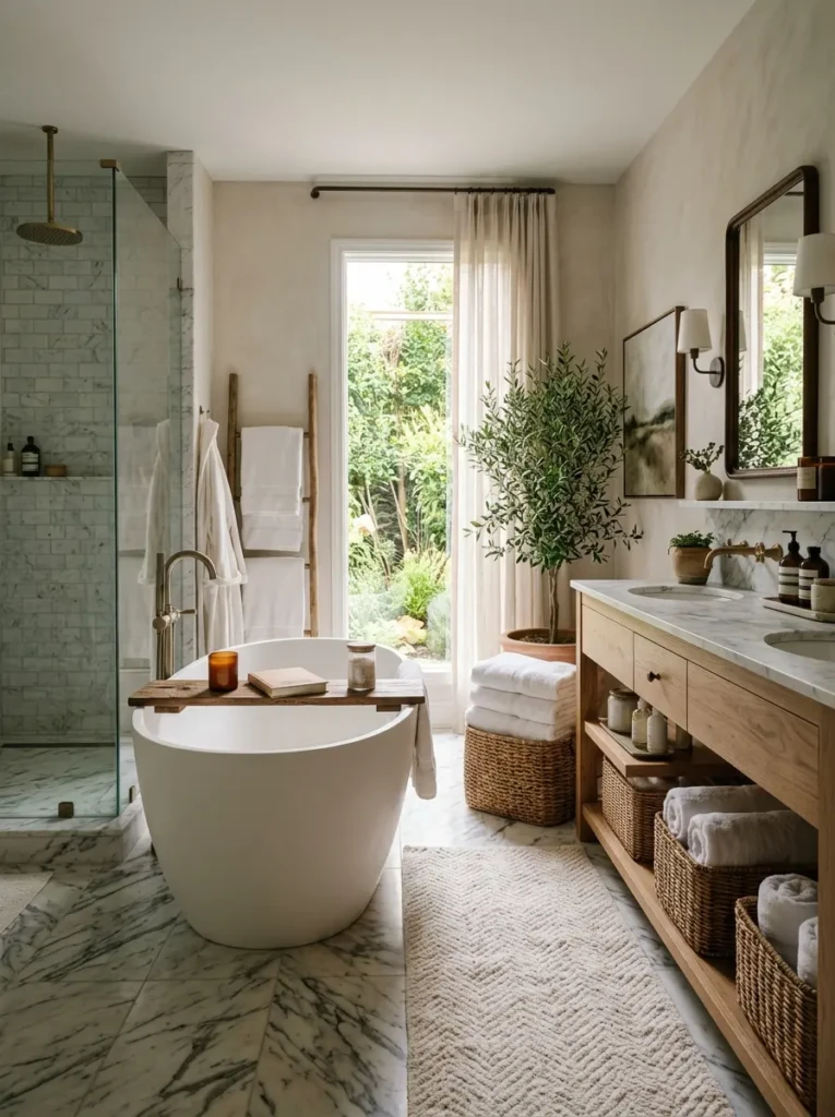 Stylish bathroom with plush towels, woven baskets, marble surfaces, and soft textured decor.