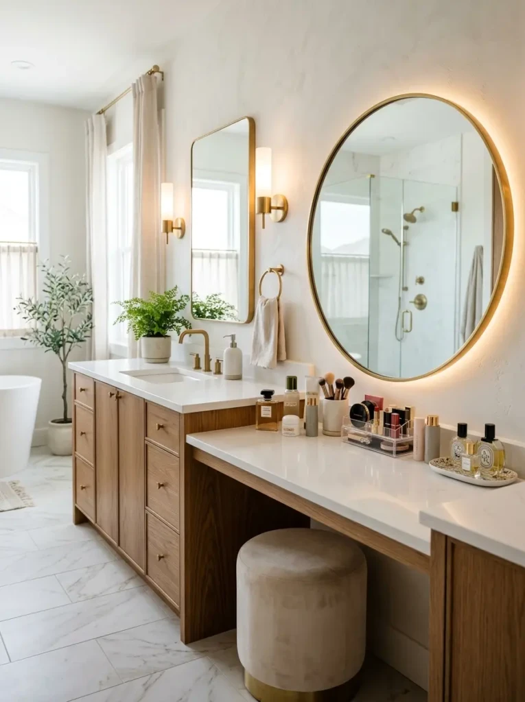 Elegant bathroom vanity with makeup area featuring white quartz countertop, warm wood cabinetry, round mirror, and hidden storage.