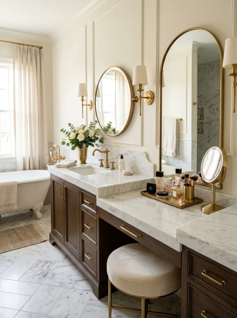 Luxury marble bathroom vanity with makeup area, brass fixtures, sophisticated mirror, and timeless bathroom styling.