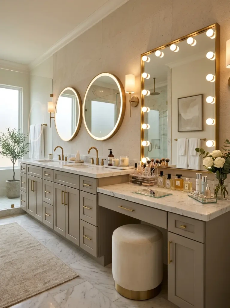 Luxurious bathroom vanity with makeup area featuring elegant lighting, marble countertop, stylish seating, and spa-inspired decor.
