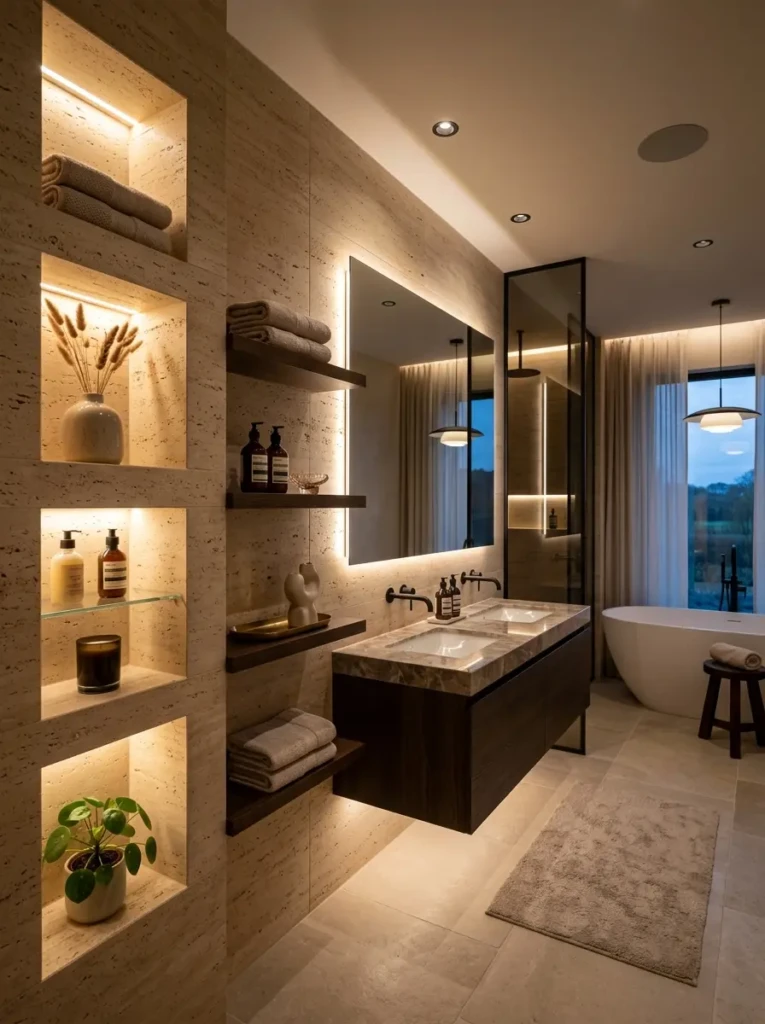 Luxury bathroom showcasing illuminated niches, textured walls, and decorative shelving