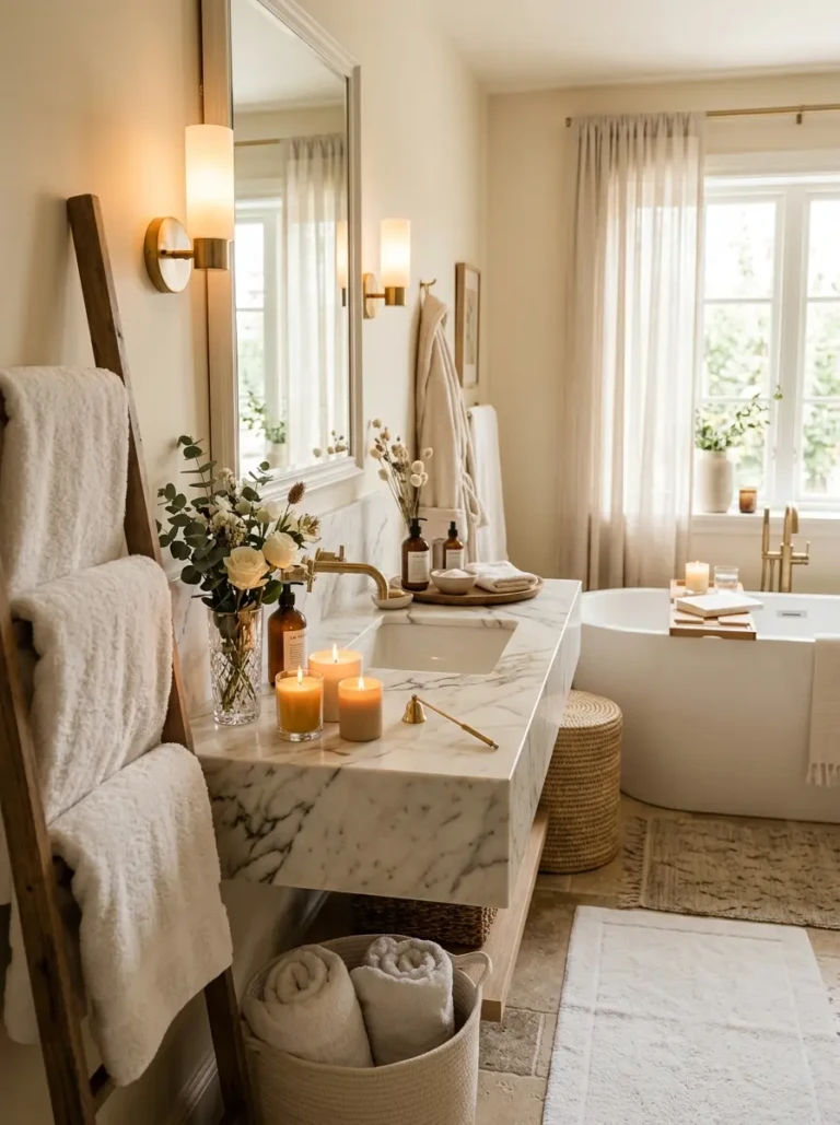 Cozy spa-inspired bathroom featuring soft lighting, fluffy towels, and elegant accessories for a warm and inviting atmosphere.