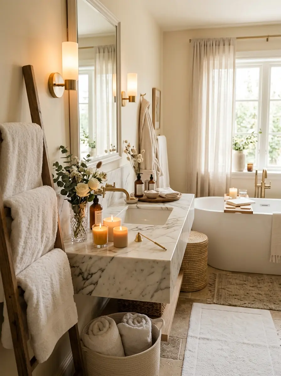 Cozy spa-inspired bathroom featuring soft lighting, fluffy towels, and elegant accessories for a warm and inviting atmosphere.