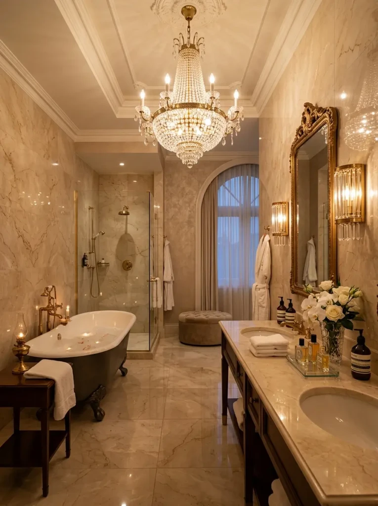 Elegant bathroom illuminated by a designer chandelier and wall sconces creating a warm luxurious glow.