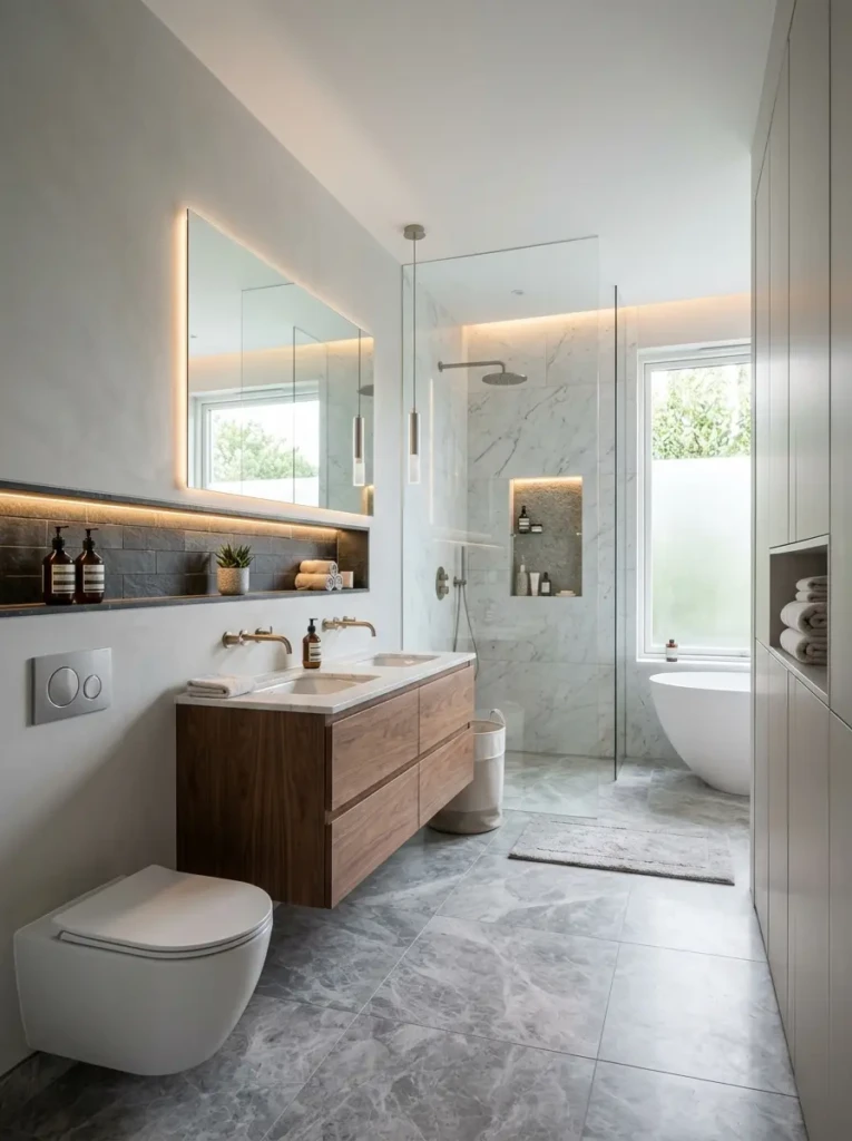 Minimalist luxury bathroom with concealed storage, floating cabinets, and clutter-free countertops.
