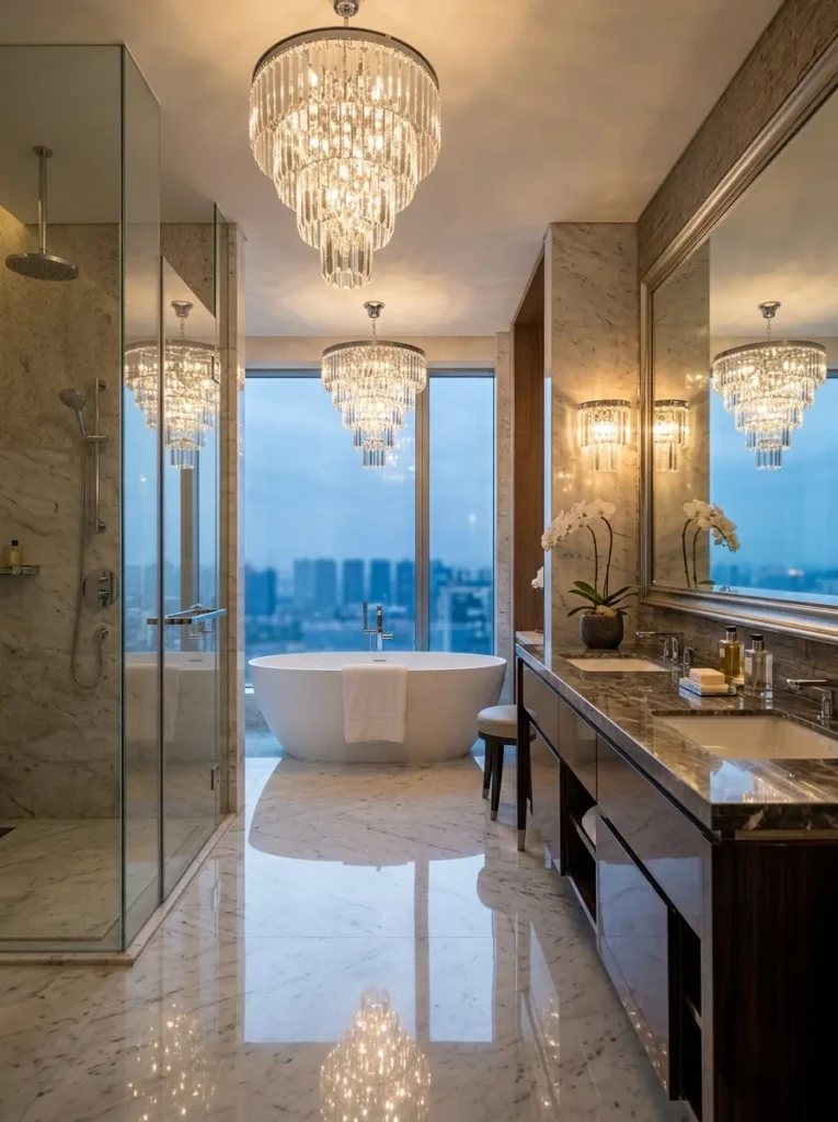 Contemporary bathroom featuring elegant crystal lighting and sophisticated luxury finishes