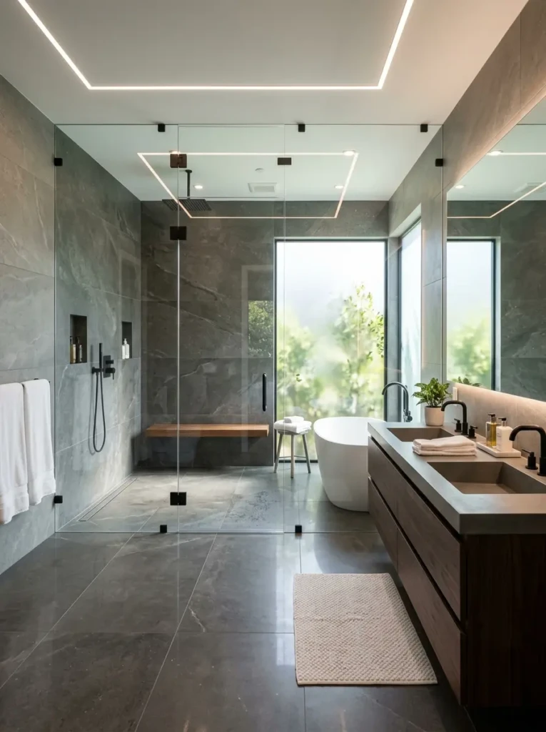 Modern luxury bathroom featuring a floor-to-ceiling frameless glass shower and seamless tile design.