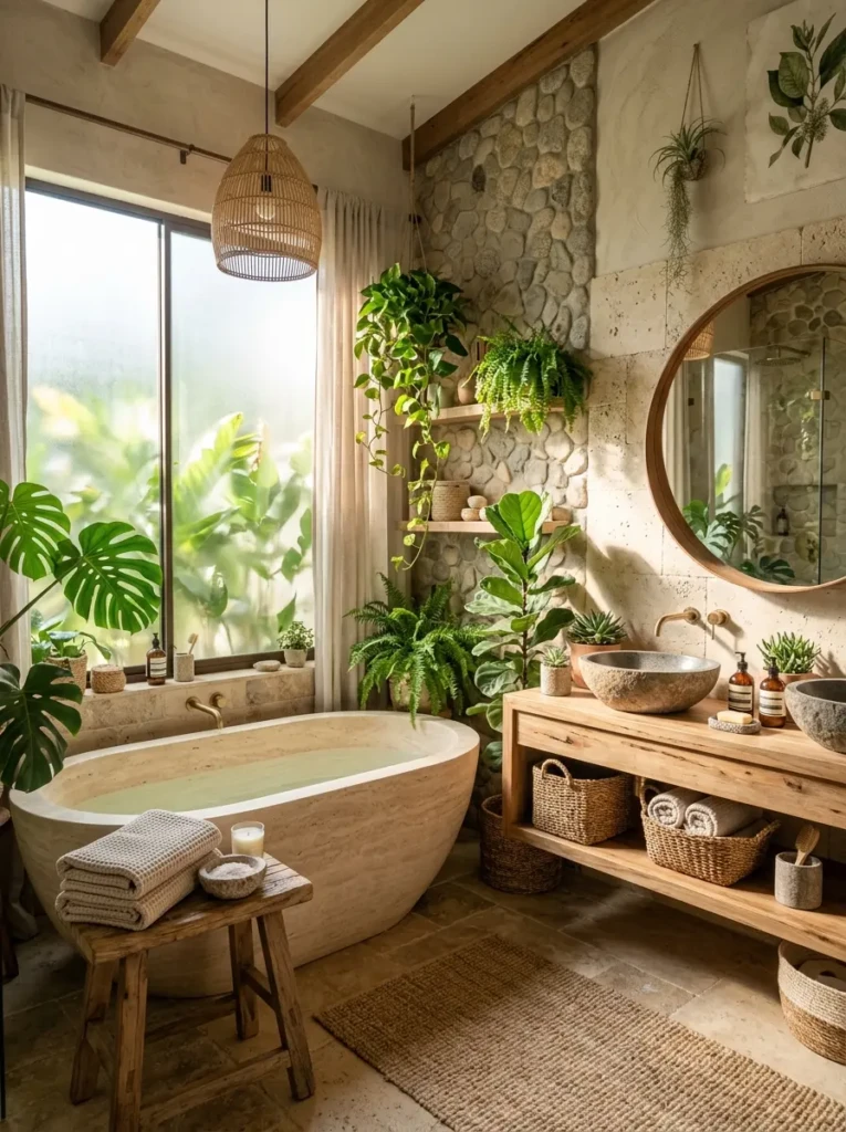 Refreshing luxury bathroom with lush green plants, natural stone accessories, and abundant natural light.