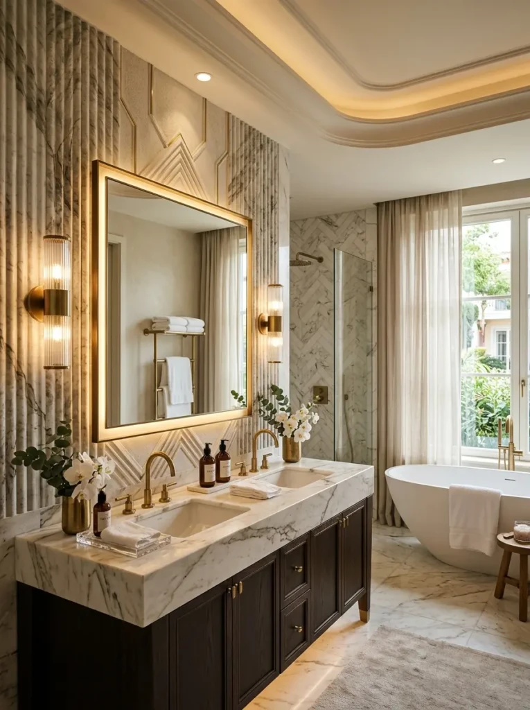 Sophisticated bathroom showcasing a vanity mirror layered over decorative textured wall panels.