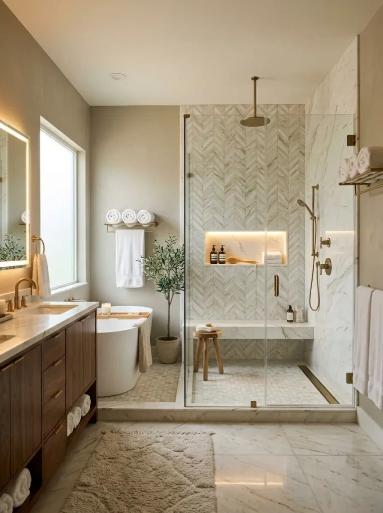 Luxurious bathroom with a beautifully tiled shower, warm lighting, elegant textures, and a relaxing spa-like atmosphere.