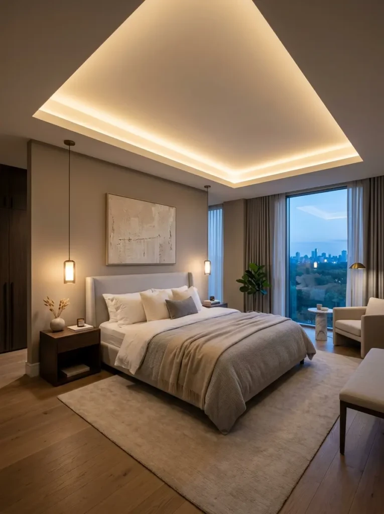 Luxury bedroom with recessed cove lighting around the ceiling, creating a soft and relaxing ambient glow.