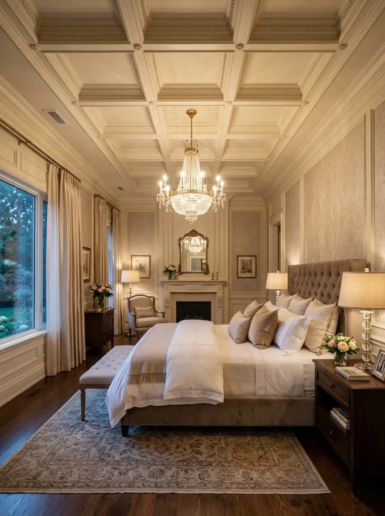 Elegant bedroom showcasing a luxurious coffered false ceiling.