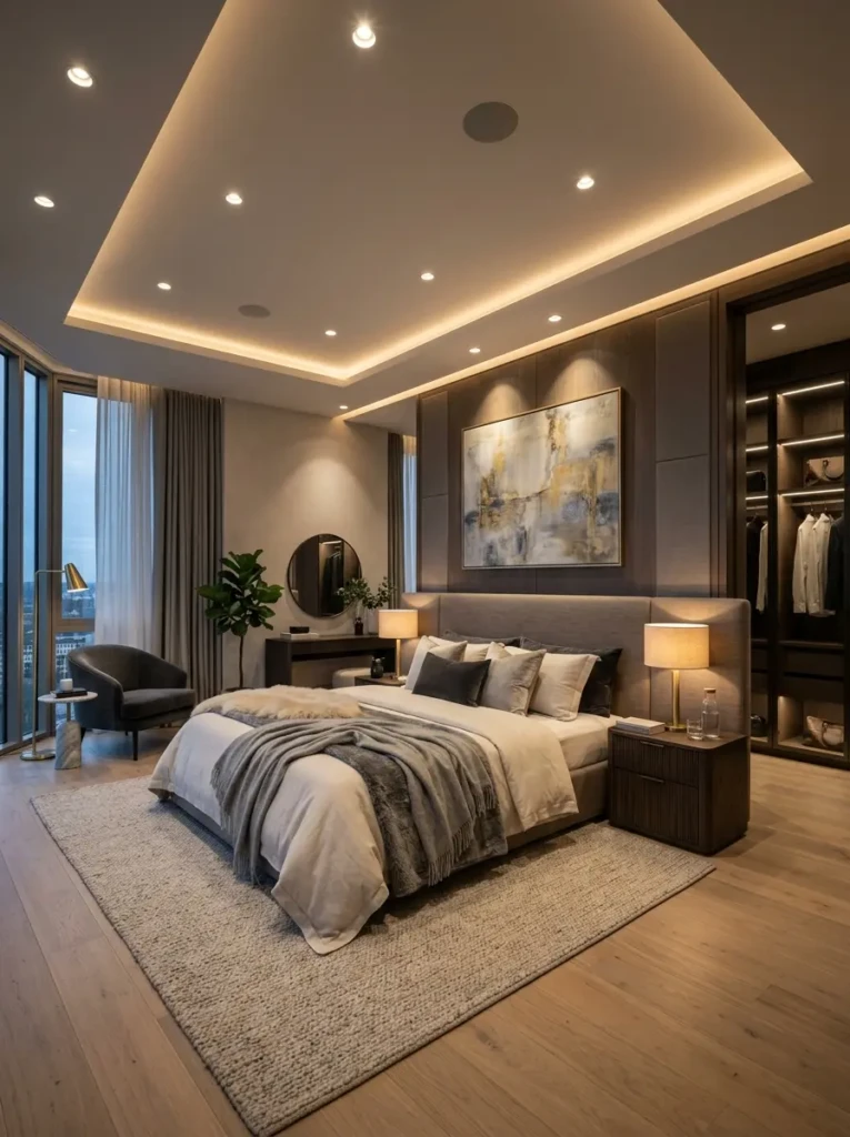 Modern bedroom featuring built-in ceiling spotlights and layered lighting.