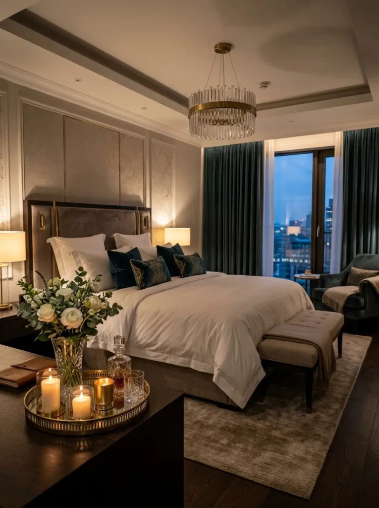 Elegant bedroom with candles, fresh flowers, decorative accessories, and premium bedding.