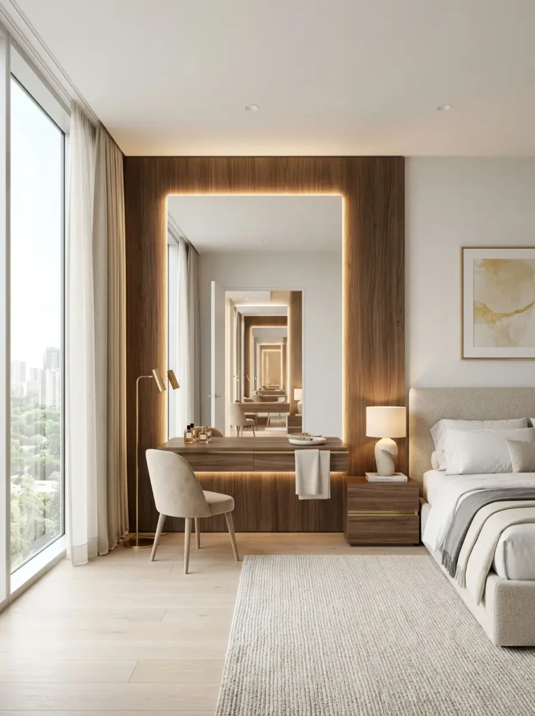 Large bedroom mirror illuminated with soft LED lighting that enhances brightness and elegance.
