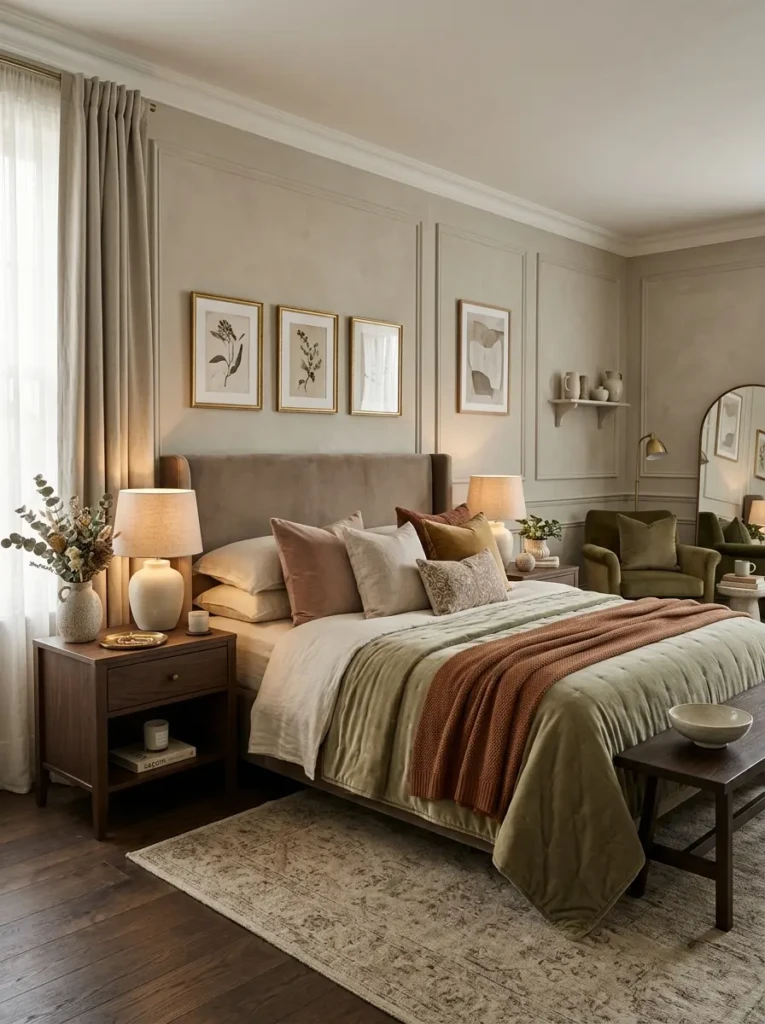 Beautiful bedroom featuring sophisticated decorative accessories and warm lighting.