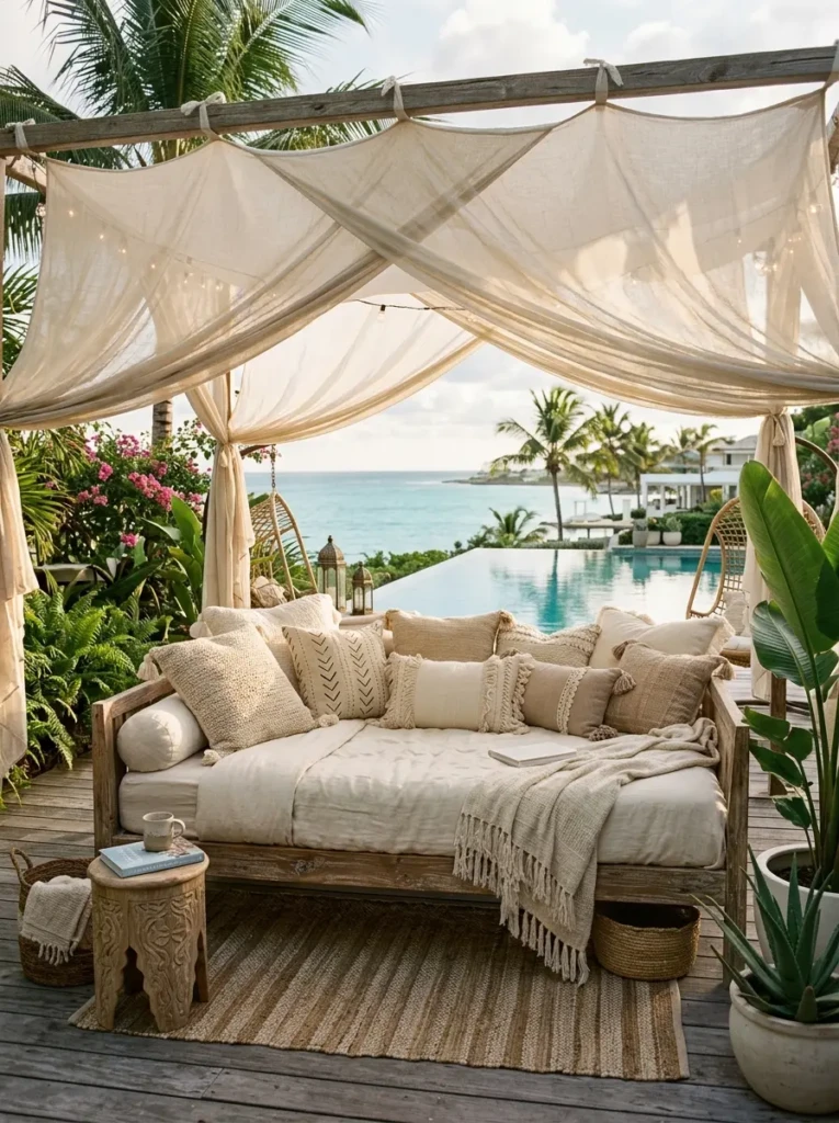 Comfortable outdoor daybed with layered pillows and neutral textiles in a boho patio