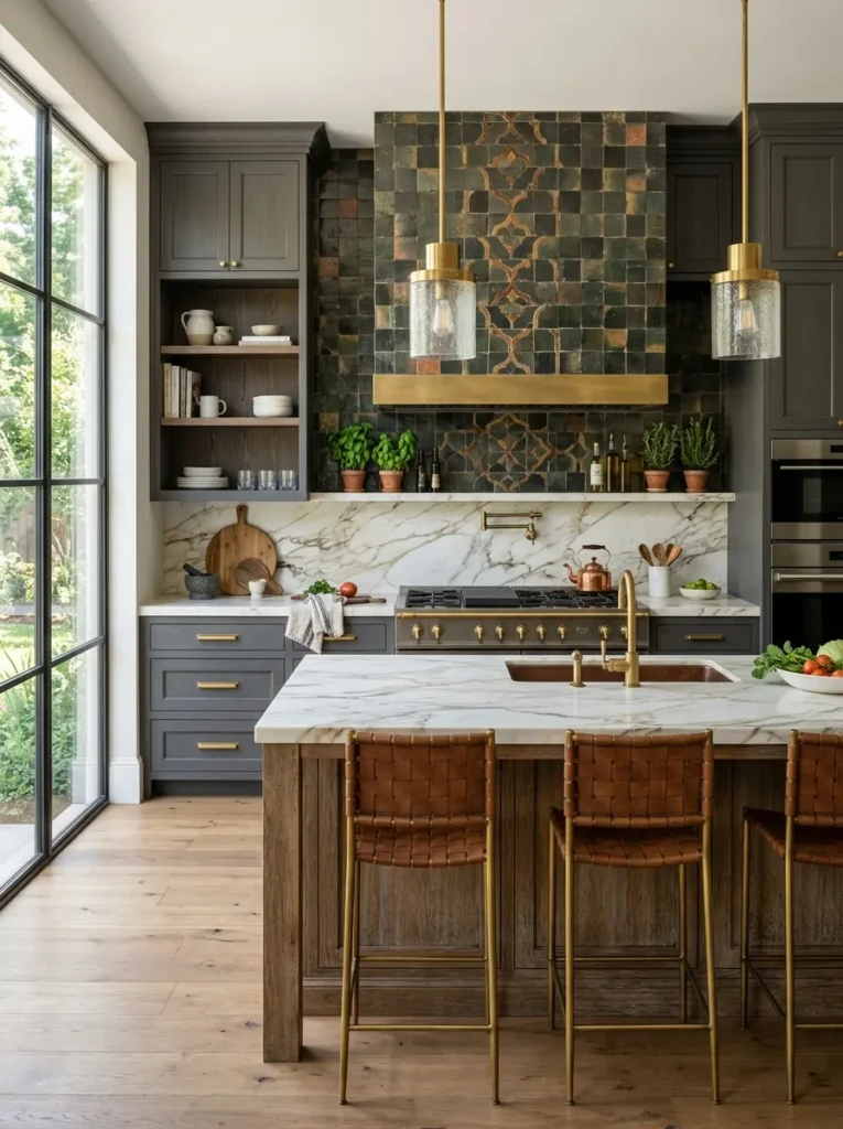 Luxury chefs kitchen featuring a statement tile backsplash that adds texture and visual interest.