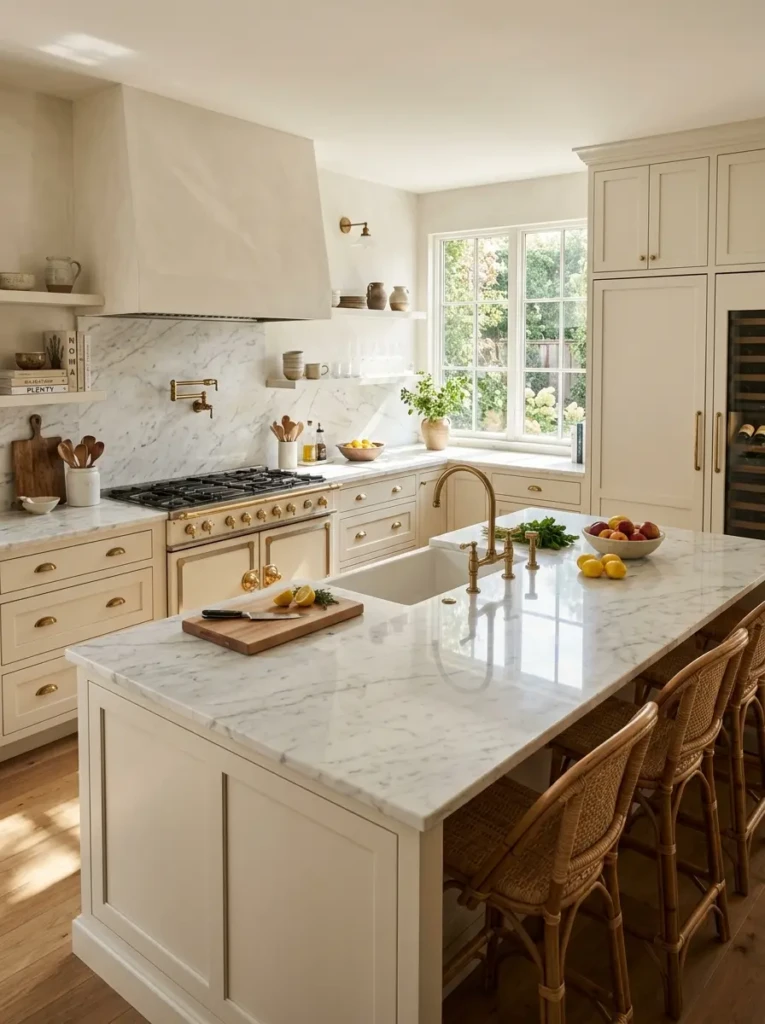 Luxury chefs kitchen showcasing white marble countertops with elegant gray veining and refined finishes.