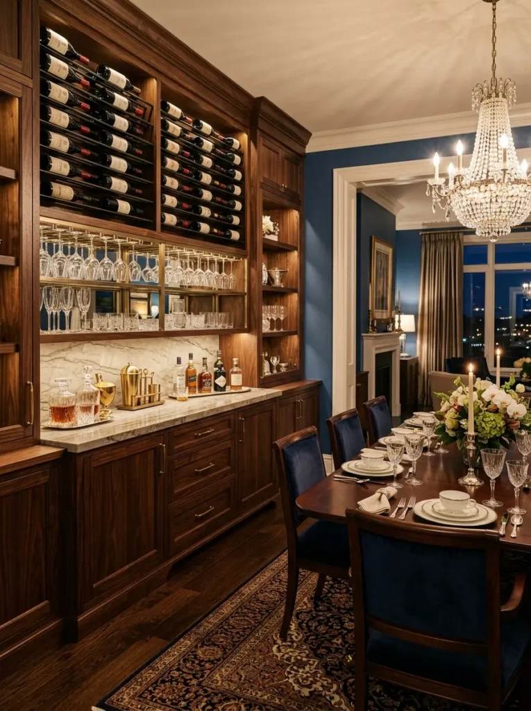 Dining room with a custom built-in bar, wine storage, glass racks, and elegant entertaining setup.