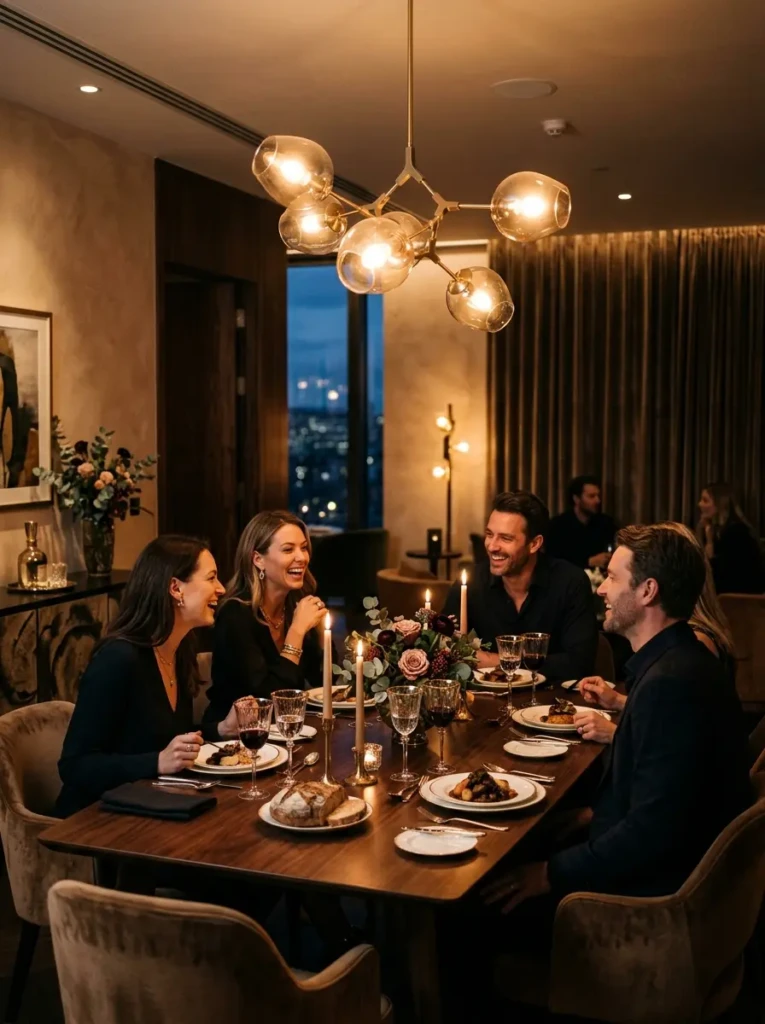 Elegant dining table glowing under warm layered lighting