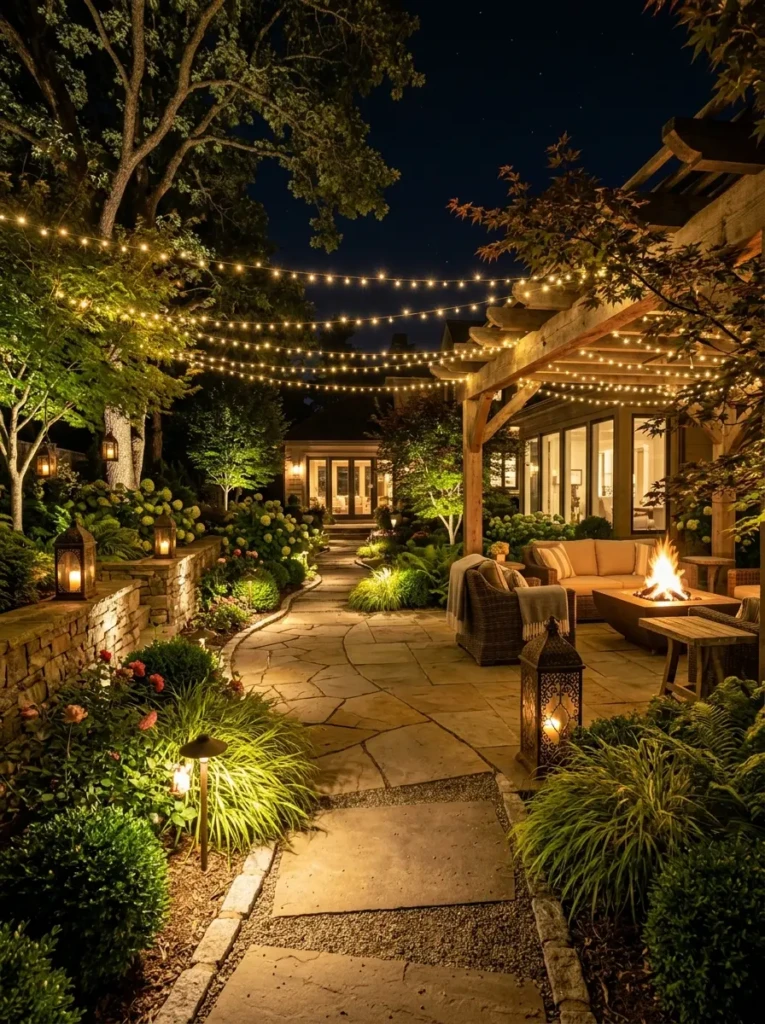 Professionally styled garden featuring multiple layers of solar lighting including pathways, uplights, and lanterns.