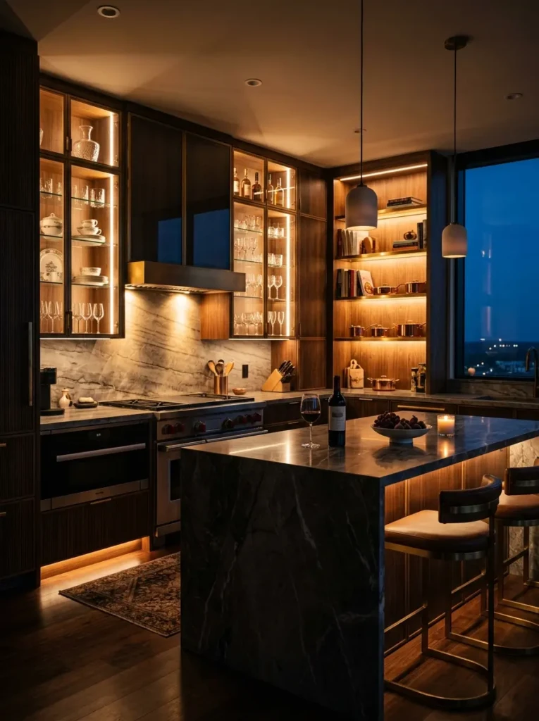Luxury kitchen featuring glowing glass cabinets and soft LED lighting throughout the space.