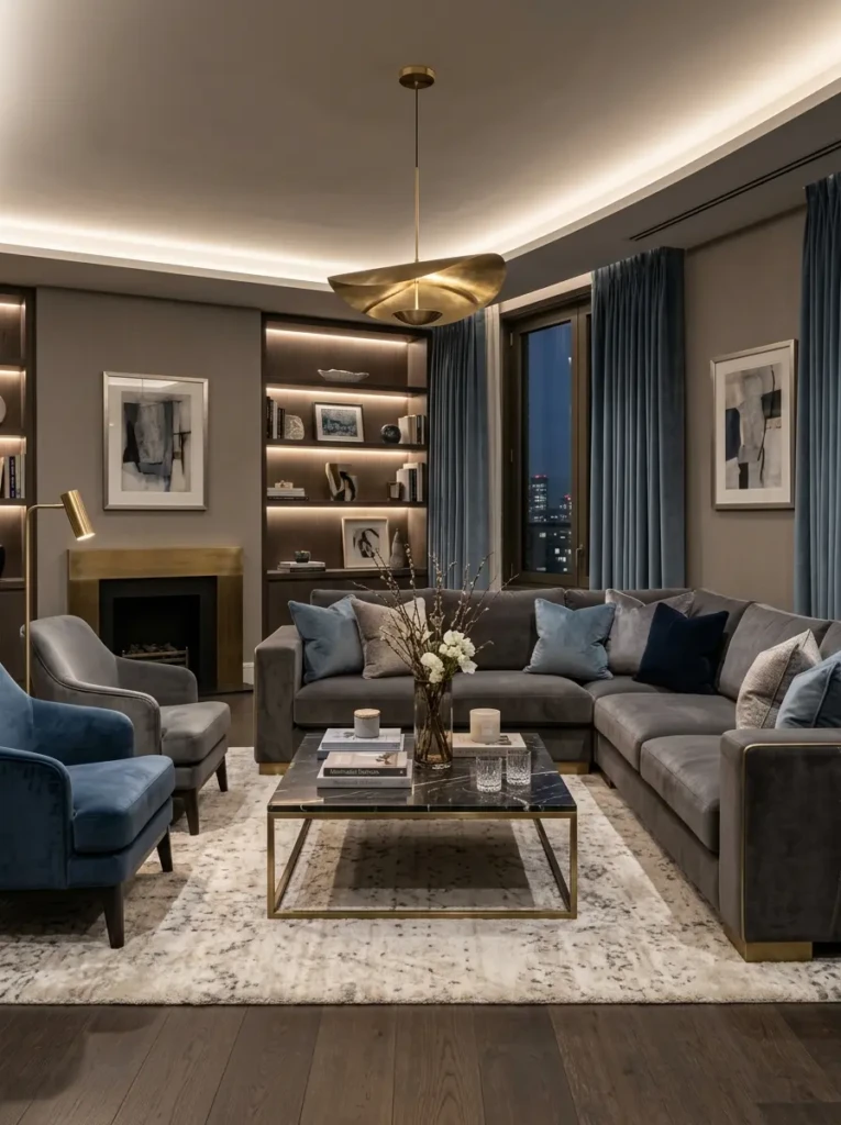 Sophisticated living room featuring dusty blue accents, warm gray walls, velvet cushions, layered lighting, and modern luxury decor.