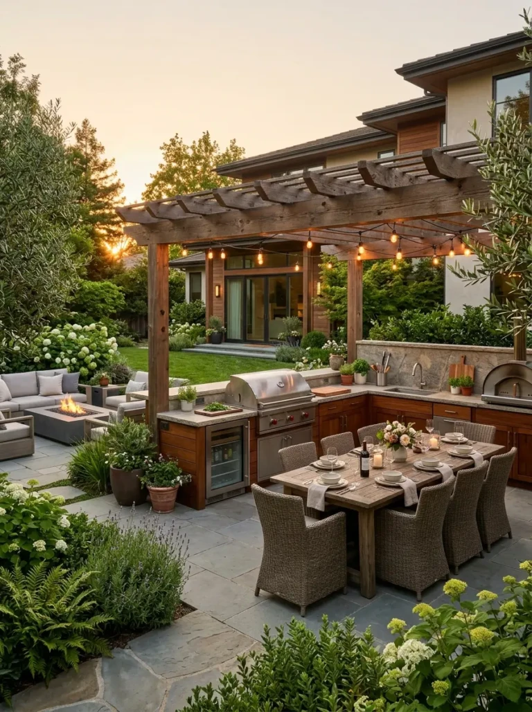 Luxury outdoor kitchen design with stone countertops, wood cabinets, dining area, and warm lighting.
