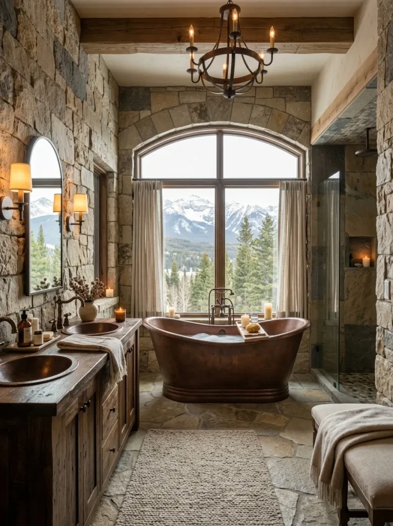 Cozy rustic bathroom with textured stone walls, earthy colors, and warm ambient lighting.
