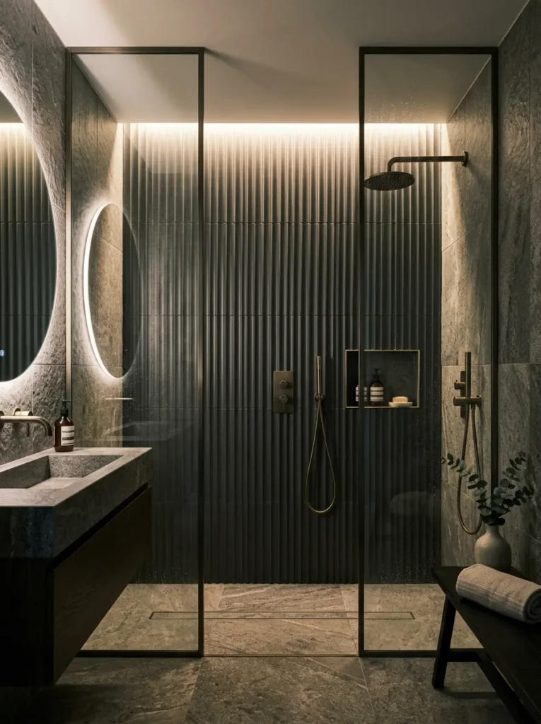 Luxury shower featuring textured wall tiles that reflect light and create dimensional effects.