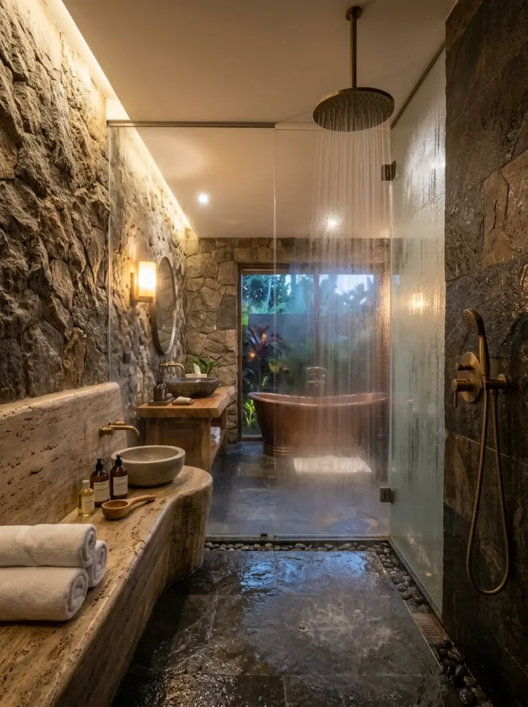 High-end bathroom featuring a rainfall shower, natural stone walls, and a relaxing spa atmosphere.