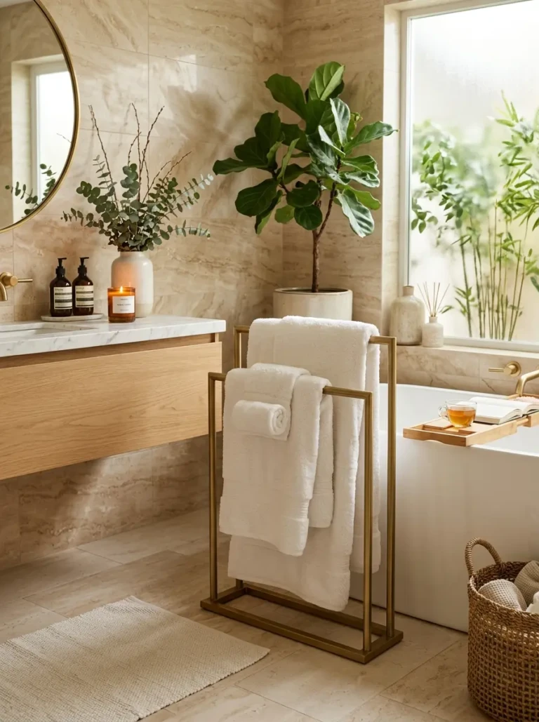 Elegant towel rack bathroom with fluffy white towels, warm lighting, and cozy spa-inspired decor.