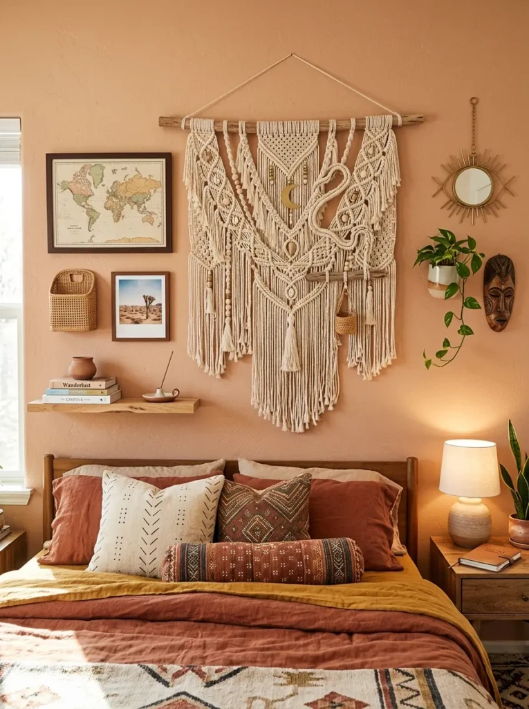 Macrame hanging and framed artwork arranged in a relaxed bohemian display.