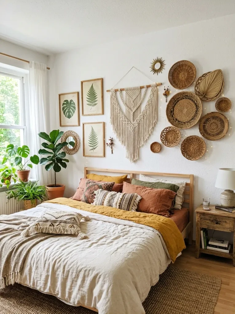 Bohemian statement wall featuring macramé hangings and botanical art prints.