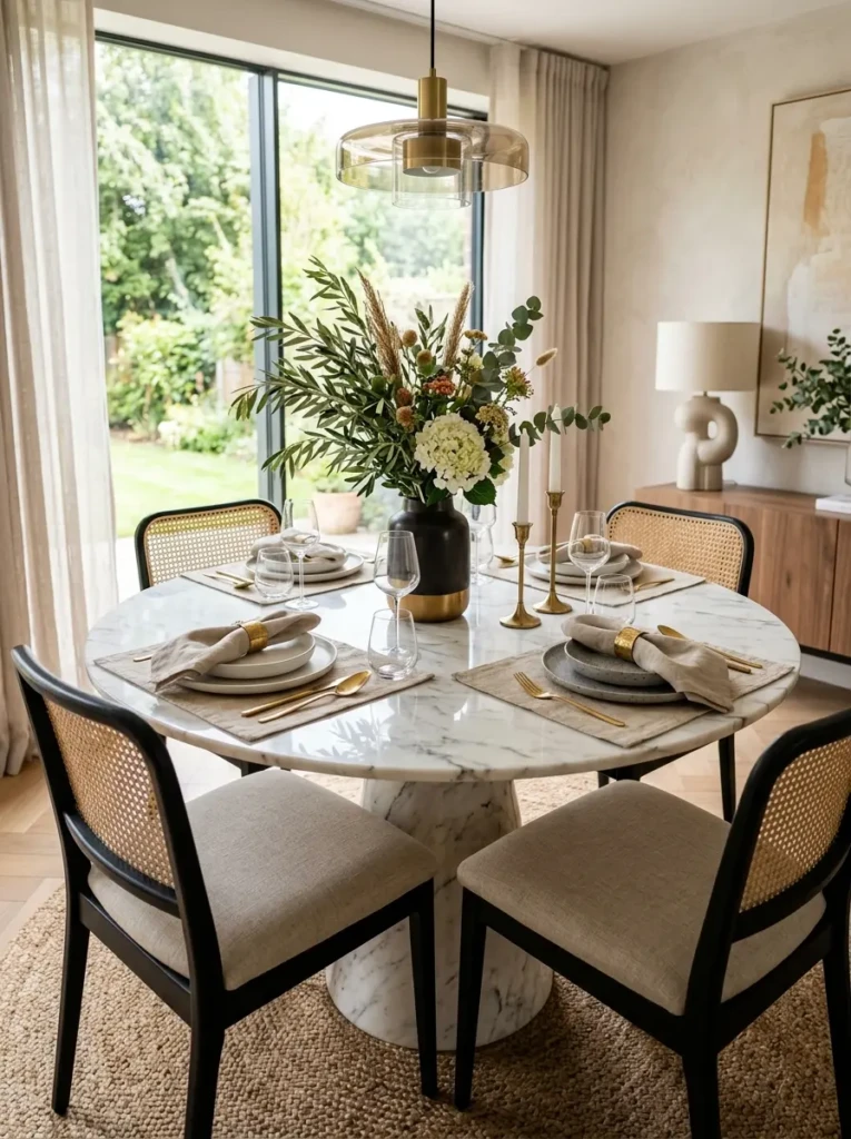 Marble, brass, rattan, and fabric accents arranged on a round dining table.