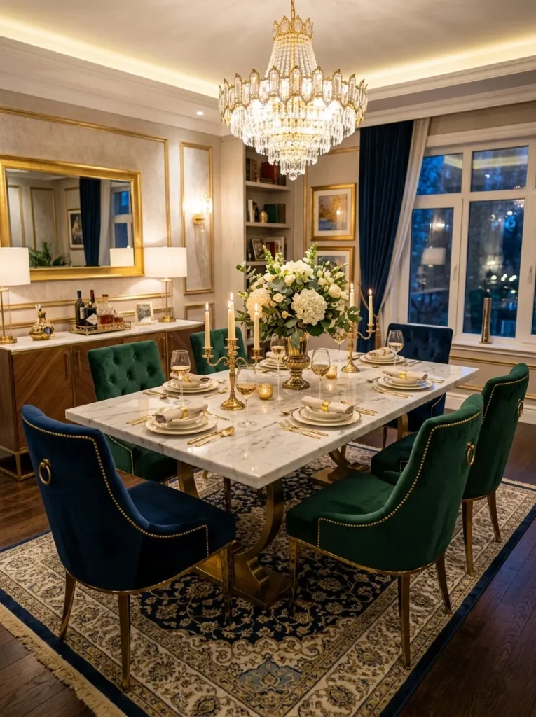 White marble dining table paired with velvet chairs and gold accents