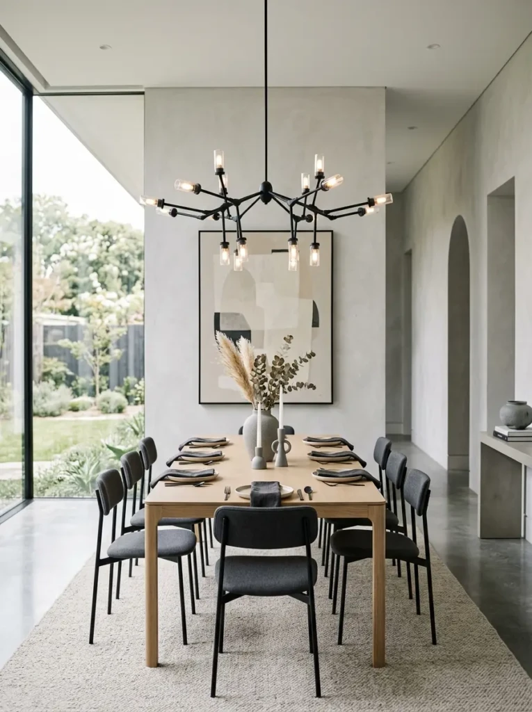 Sleek geometric chandelier suspended above a simple modern dining table.