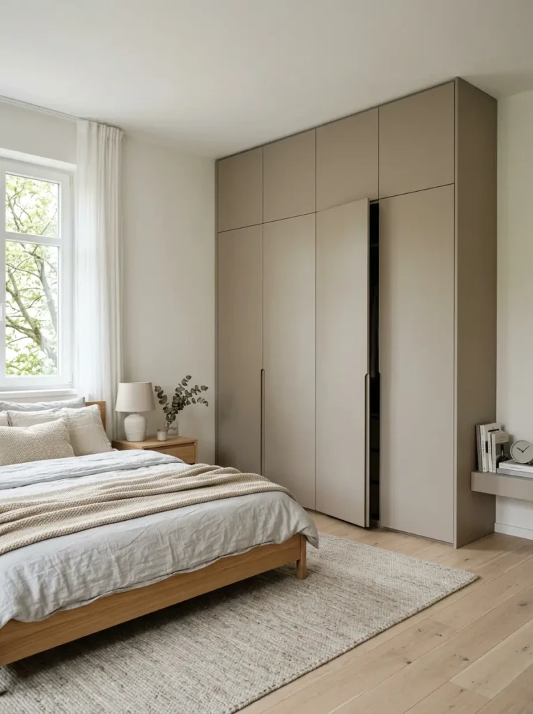 Taupe handleless wardrobe creating a clean and calming bedroom atmosphere.
