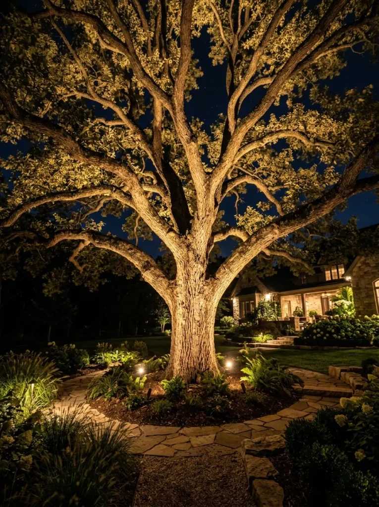 Large garden tree illuminated by solar uplights, emphasizing textured bark and glowing branches after sunset.