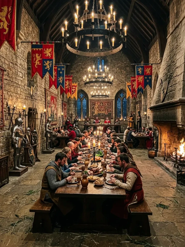 Grand Minecraft castle dining room with long tables and dramatic torch lighting.