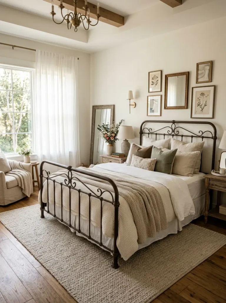 Cozy bedroom featuring a stylish metal bed frame with layered bedding and warm natural light