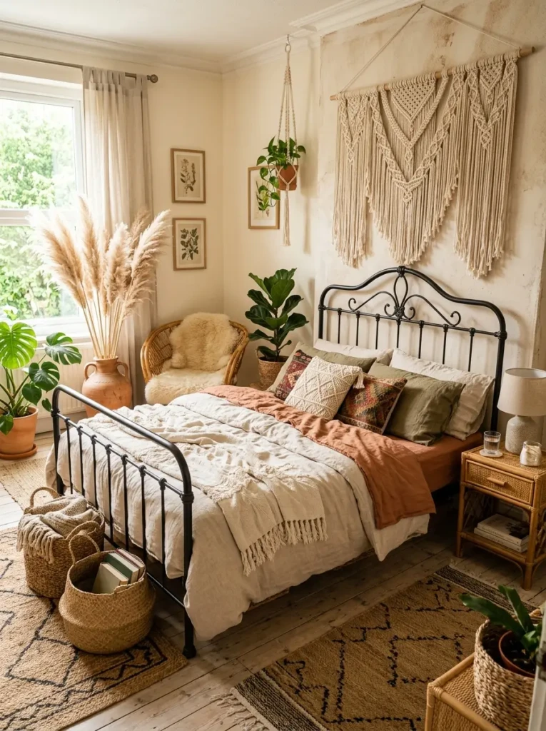 Relaxed bohemian bedroom featuring a metal bed frame, woven textures, and indoor plants
