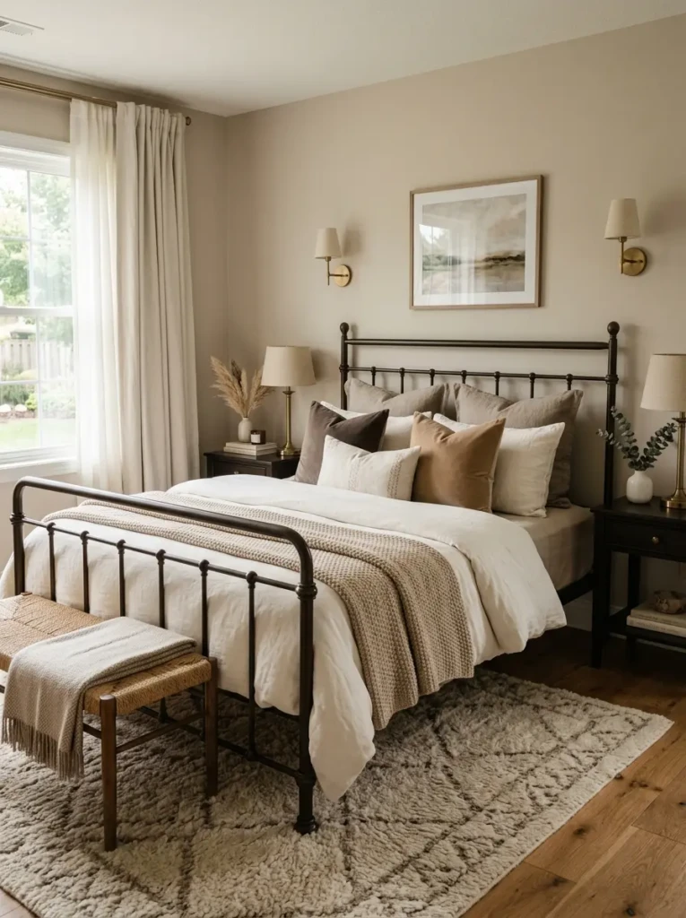 Hotel-inspired bedroom with a metal bed frame, neutral bedding, and cozy textures