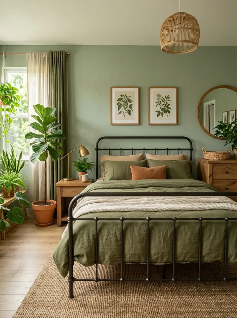 Nature-inspired bedroom with a metal bed frame, sage green tones, and wooden furniture