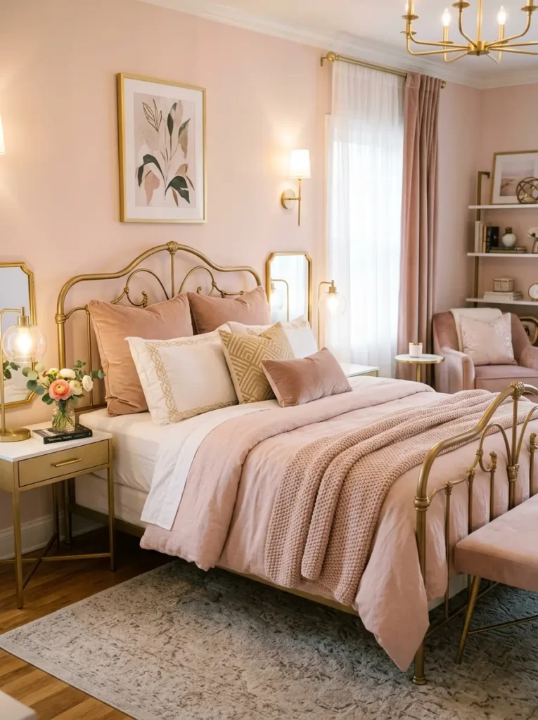 Elegant bedroom with a metal bed frame, blush pink bedding, and gold accents