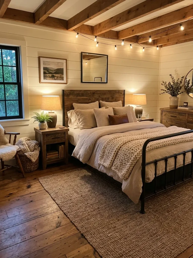 Warm rustic bedroom with a metal bed frame, reclaimed wood furniture, and cozy textiles