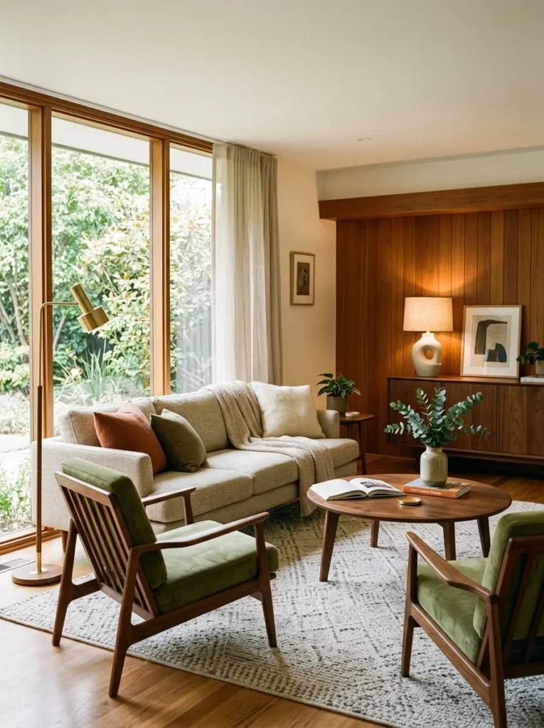 Streamlined mid century furniture creates an elegant yet welcoming atmosphere.
